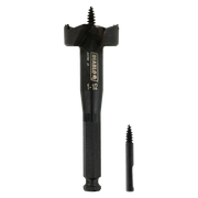 Black self-feed drill bit with spiral tip and wide cutting wings, shown full-size and actual-size comparison.