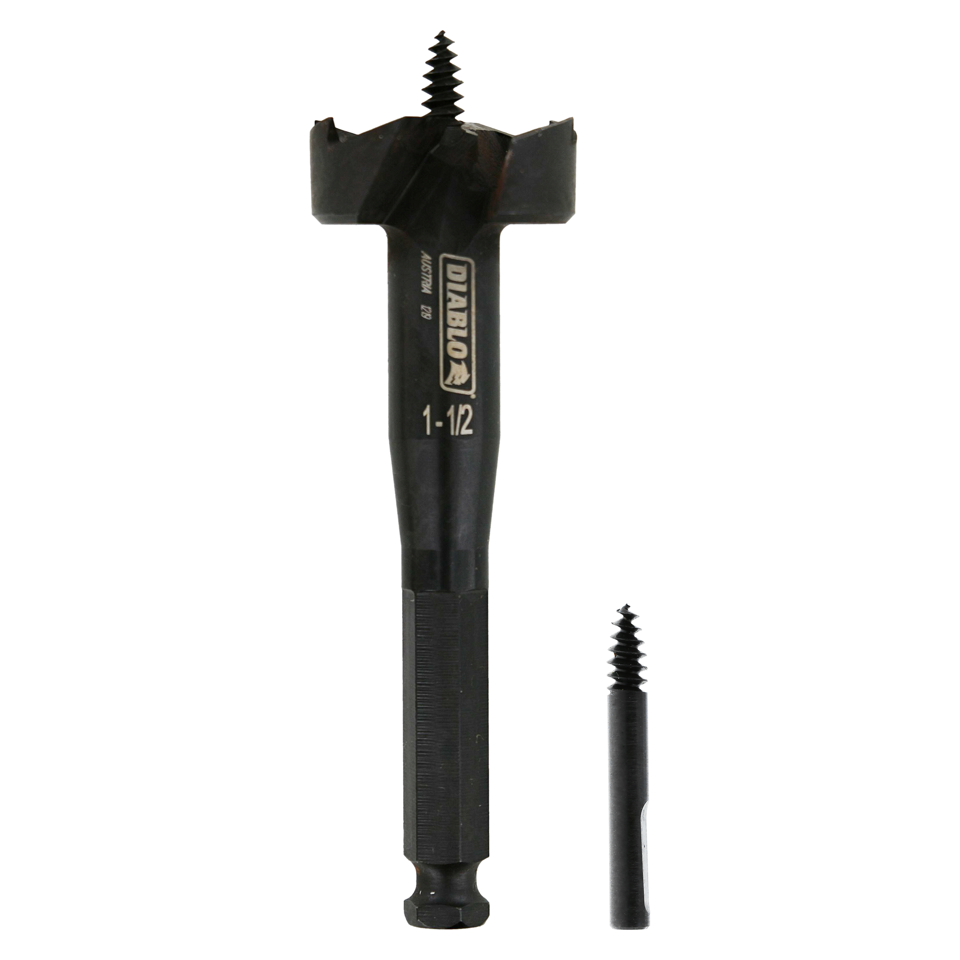 Black self-feed drill bit with spiral tip and wide cutting wings, shown full-size and actual-size comparison.