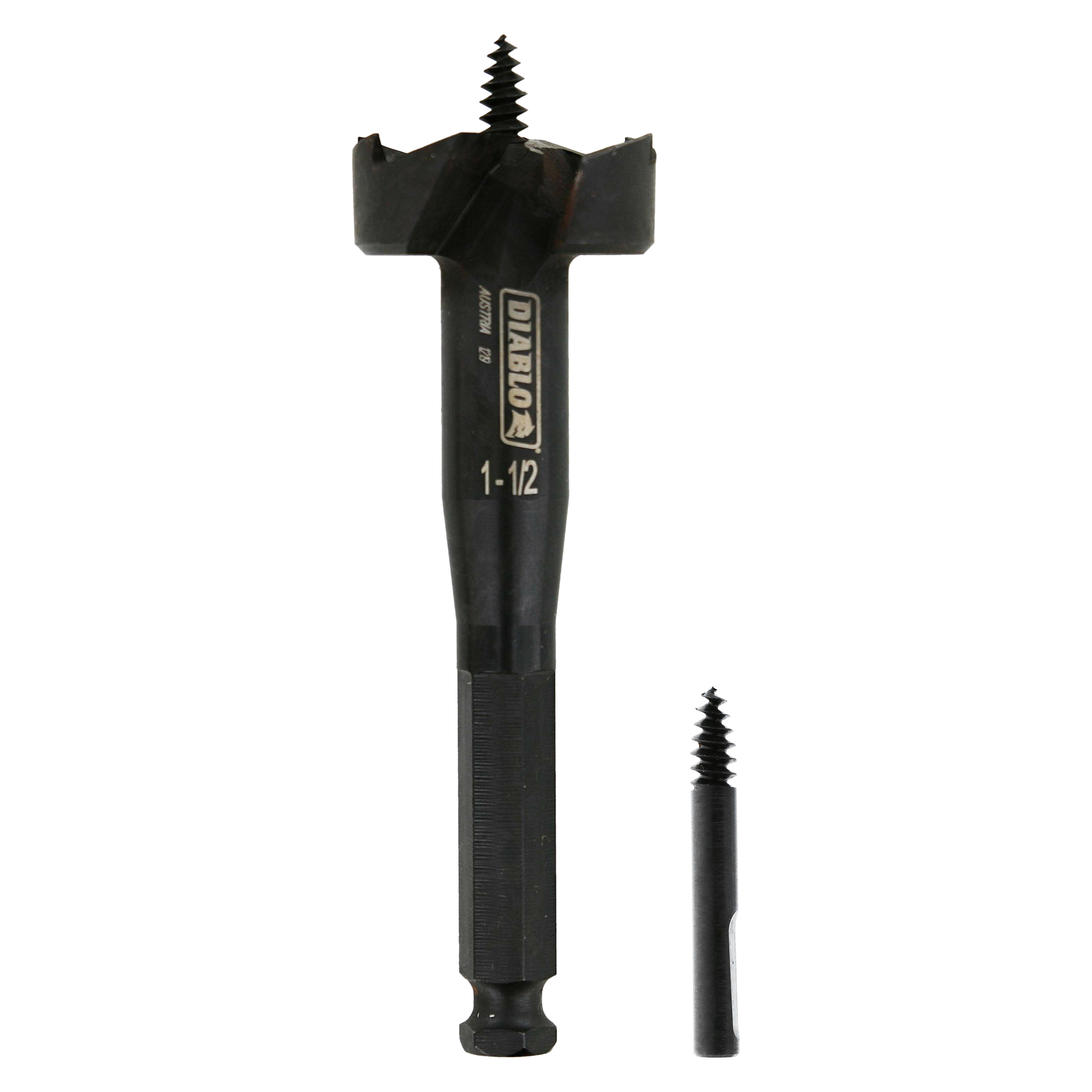 Black self-feed drill bit with spiral tip and wide cutting wings, shown full-size and actual-size comparison.