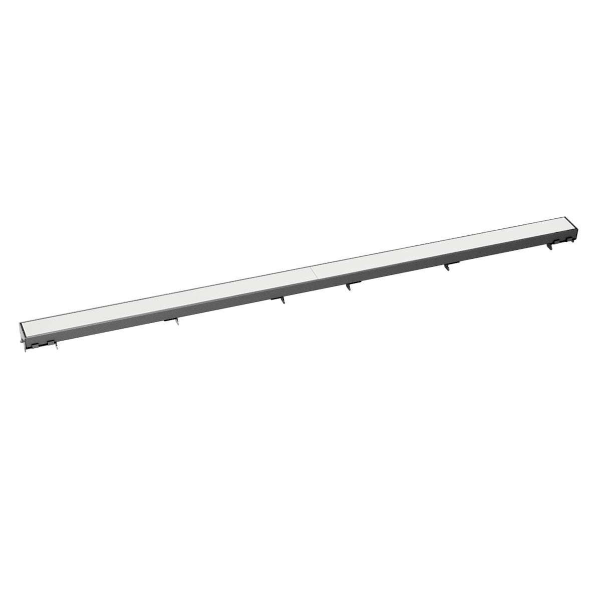 Polished stainless steel linear drain grate with horizontal slat design and dark trim accents.