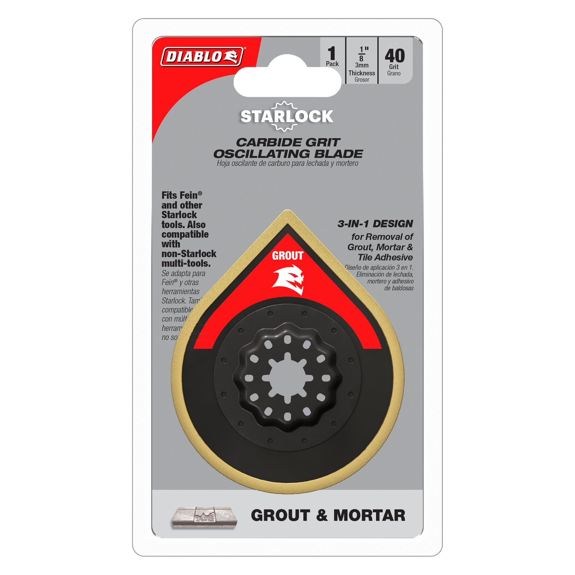 Diablo Starlock carbide grit oscillating blade with red and black circular head on packaging.
