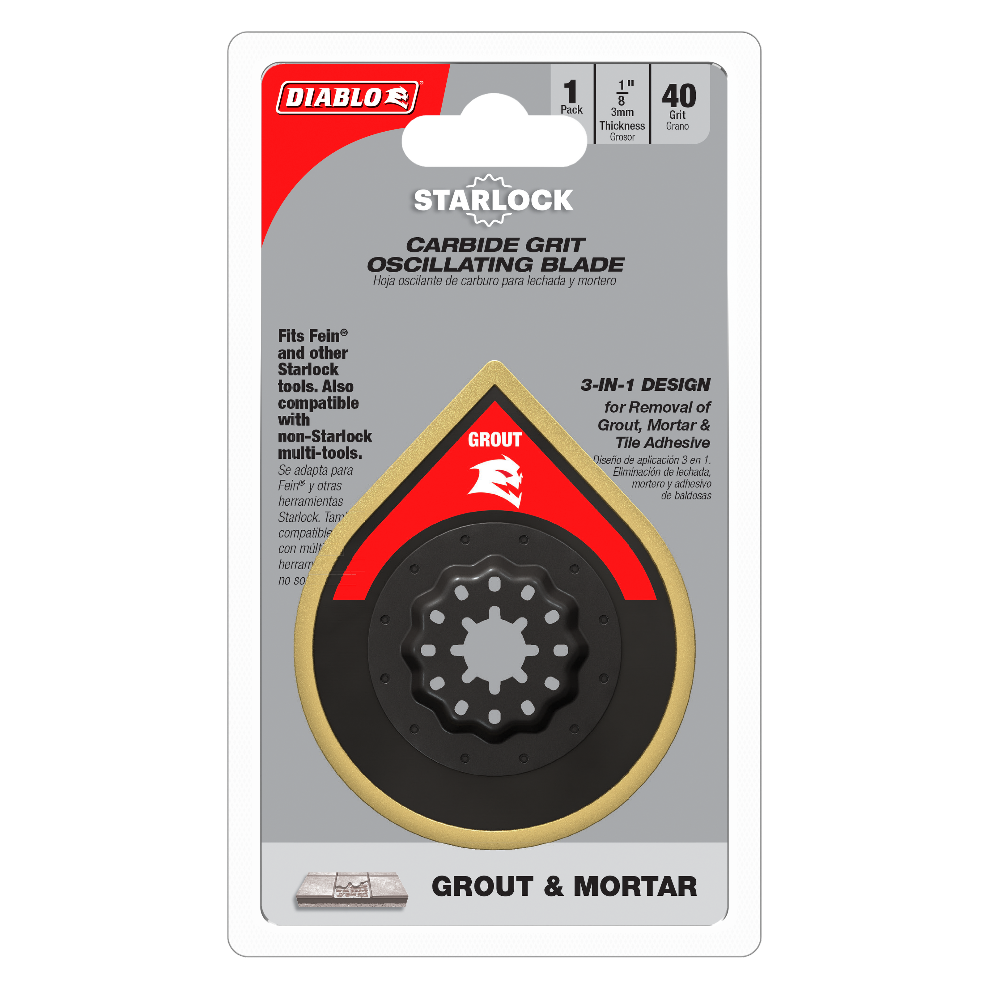 Diablo Starlock carbide grit oscillating blade with red and black circular head on packaging.