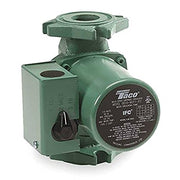 Green cast iron circulator pump with 3-speed dial, integral flow check, and threaded ports on top and side.