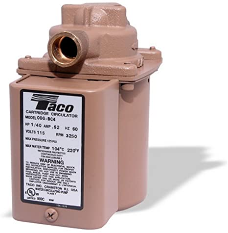 Bronze cartridge circulator pump with 1/2" sweat connections, model 003-BC4, mounted on rectangular body with label and top b