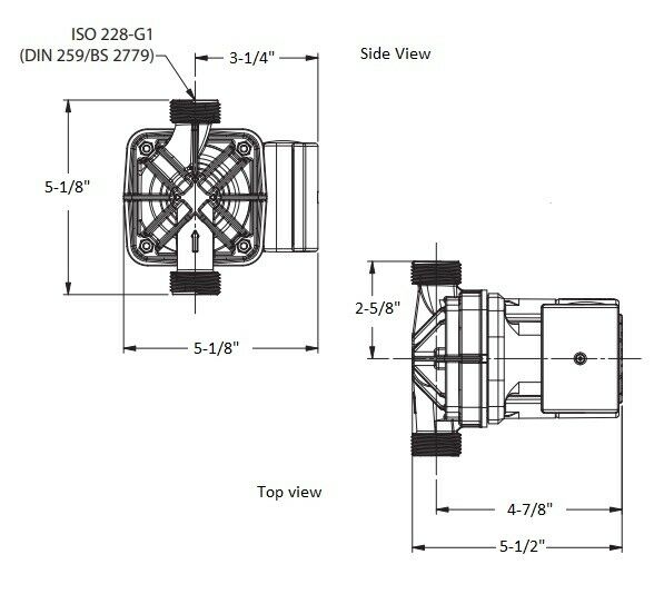 TACO 006E3 ECM circulation pump shown in side and top technical views with ISO 228-G1 connection and dimensional measurements
