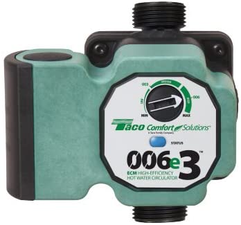 TACO 006E3 circulation pump with turquoise and black housing, control dial, and threaded ports for hot water system installat