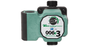 Taco 006E3LC circulation pump with turquoise and black casing, rotary dial control, and threaded inlet/outlet ports.
