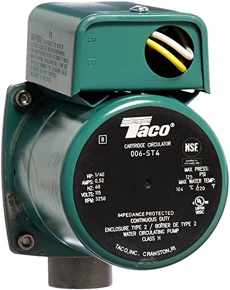 Taco 006-ST4 stainless steel circulator pump with green casing, black label, and yellow striped cartridge visible in top open