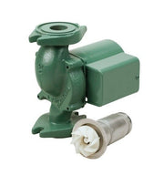 Green cast iron circulator pump with motor housing and detached impeller assembly.