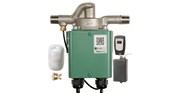 Taco 008-CT-USK pump with green housing, metal connections, white sensor, wireless controller, and brass fittings.