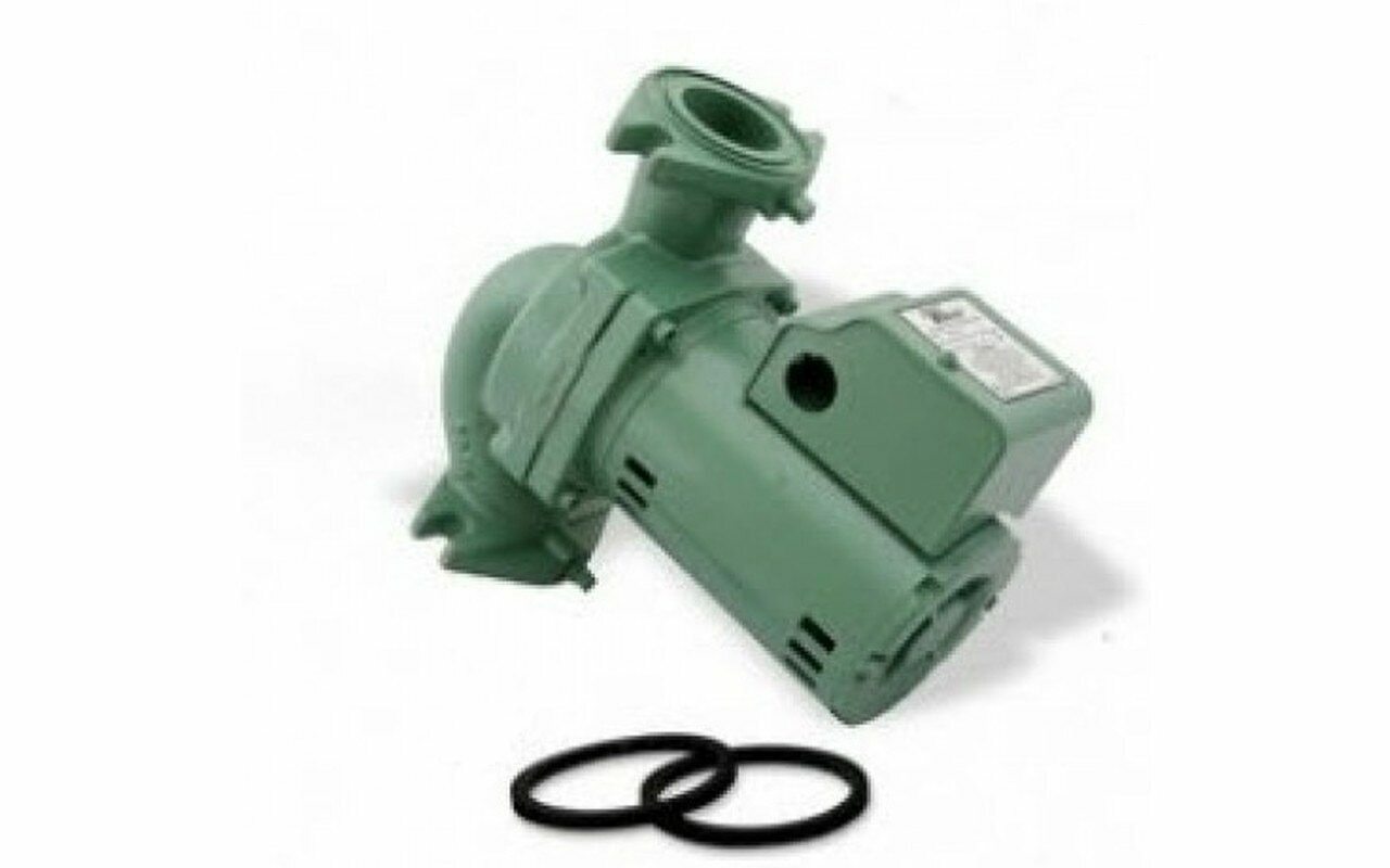 Green cast iron circulating pump with motor housing, outlet fitting, and two rubber gaskets.