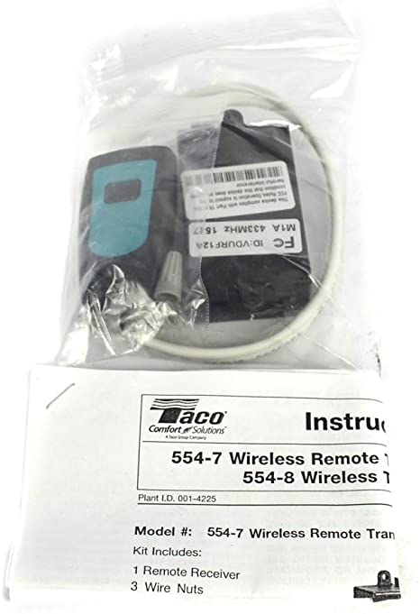 Taco 554-7 wireless remote transmitter and receiver kit in clear plastic packaging with instruction manual and accessories.