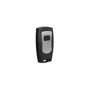 Black and silver wireless remote transmitter with single square button on front face.