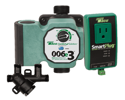 Taco Hot Link Plus System with turquoise pump head, black valve component, and green SmartPlug timer unit.