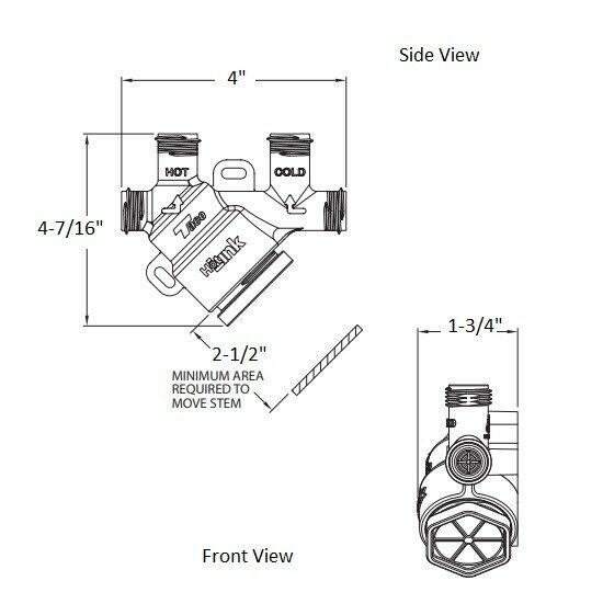 Taco HLV1 HotLink valve with hot and cold inlet ports, side and front views with dimensions.