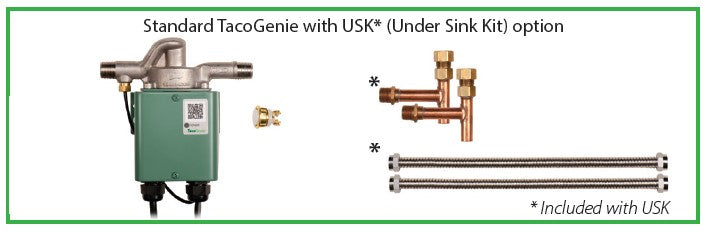 Green Taco pump with male NPT connections and brass under sink kit components including manifold and flexible hoses.