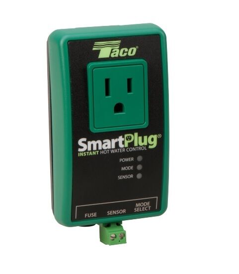 Green and black Taco SmartPlug instant hot water control device with outlet, indicator lights, and mode/sensor/fuse buttons.