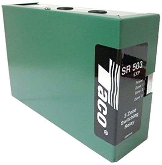 Taco SR503 three zone switching relay in green metal enclosure with black label on front.