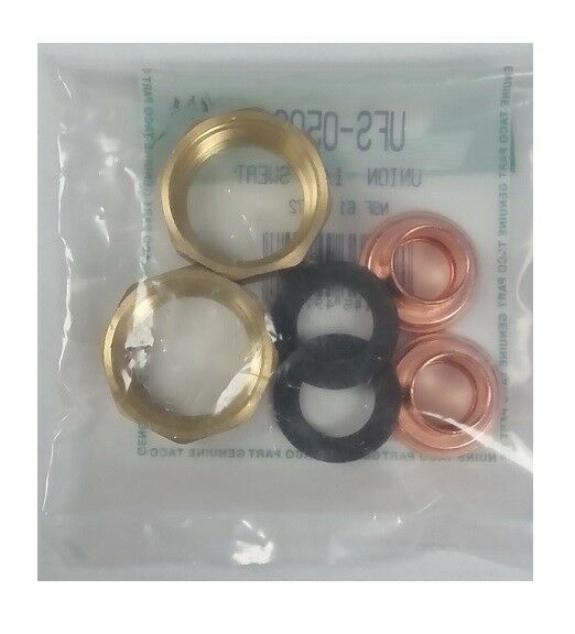 Brass and copper union sweat fittings with black rubber seals in plastic packaging.