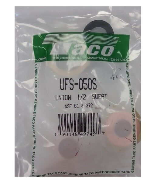 Taco UFS-050S 1/2" union sweat fitting in clear plastic packaging with green Taco label and black handle.