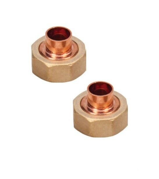 Two copper and brass union sweat fittings with 1/2" diameter openings.