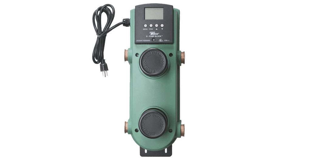 Green Taco X-Pump Block with digital display panel, dual control knobs, and attached power cord.
