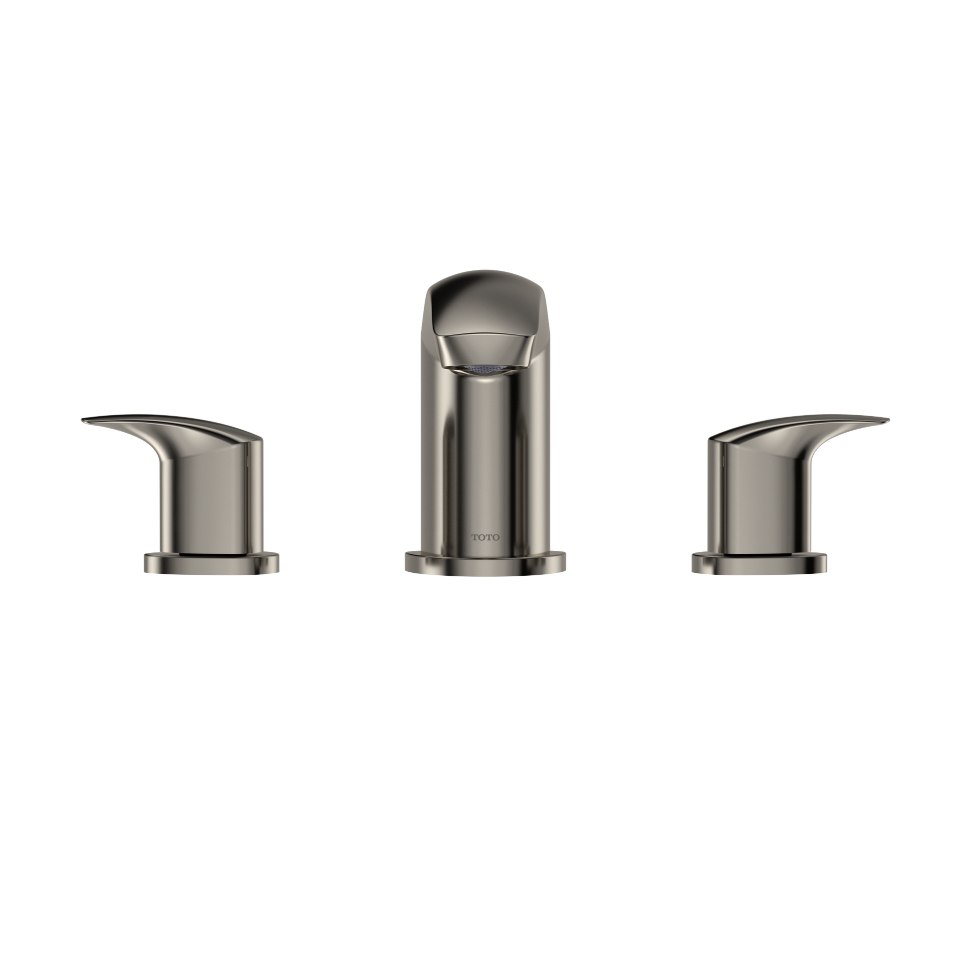 Polished nickel two-handle roman tub filler trim with curved side handles and central spout.