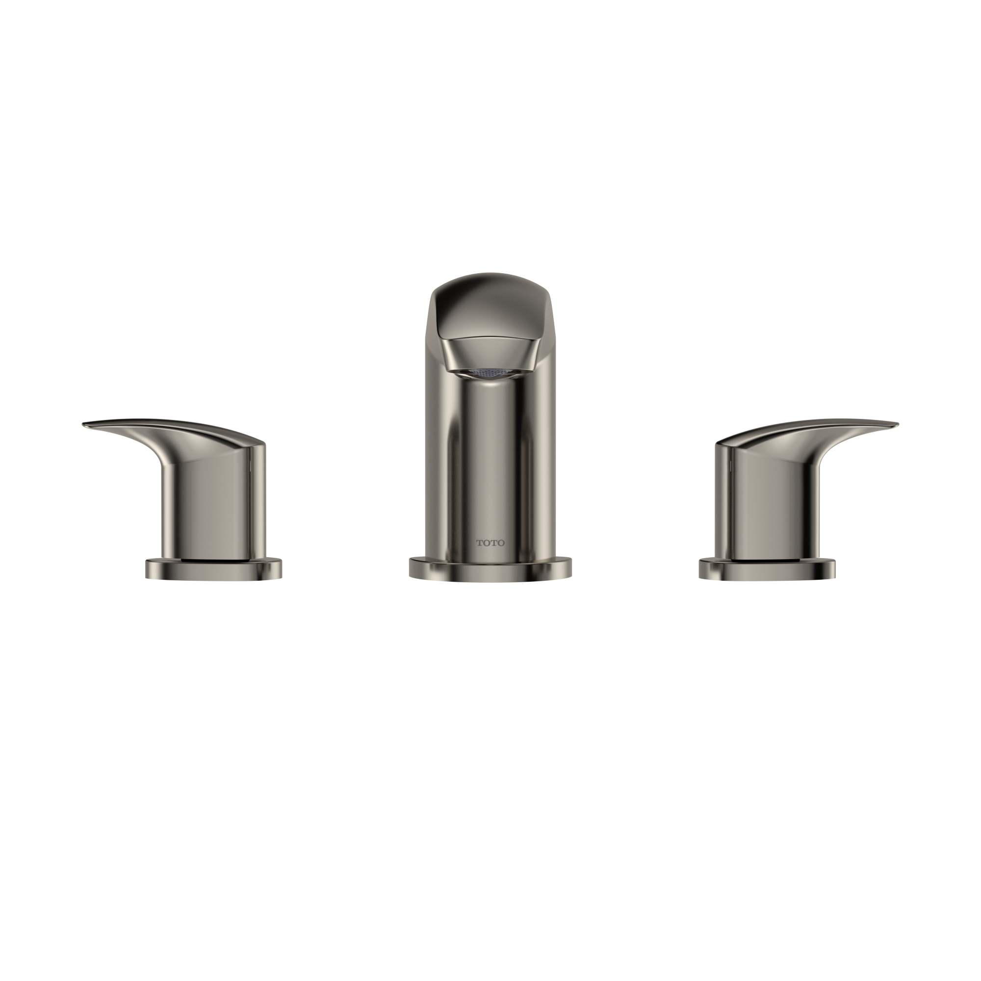 Polished nickel two-handle roman tub filler trim with curved side handles and central spout.