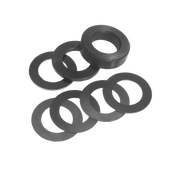 Six dark gray circular shim rings with hollow centers arranged in two rows.