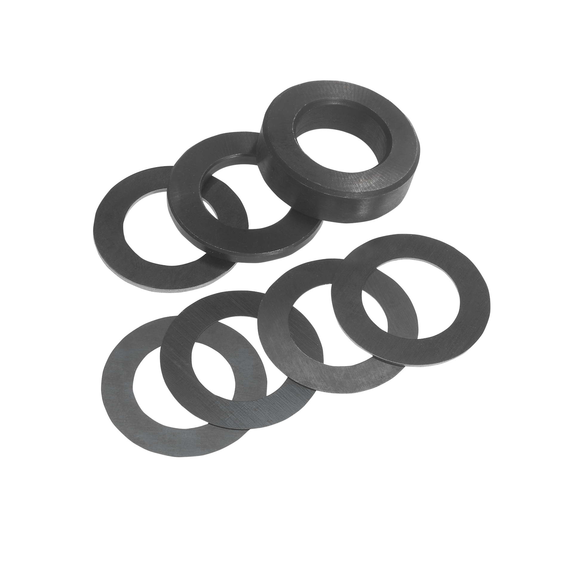 Six dark gray circular shim rings with hollow centers arranged in two rows.