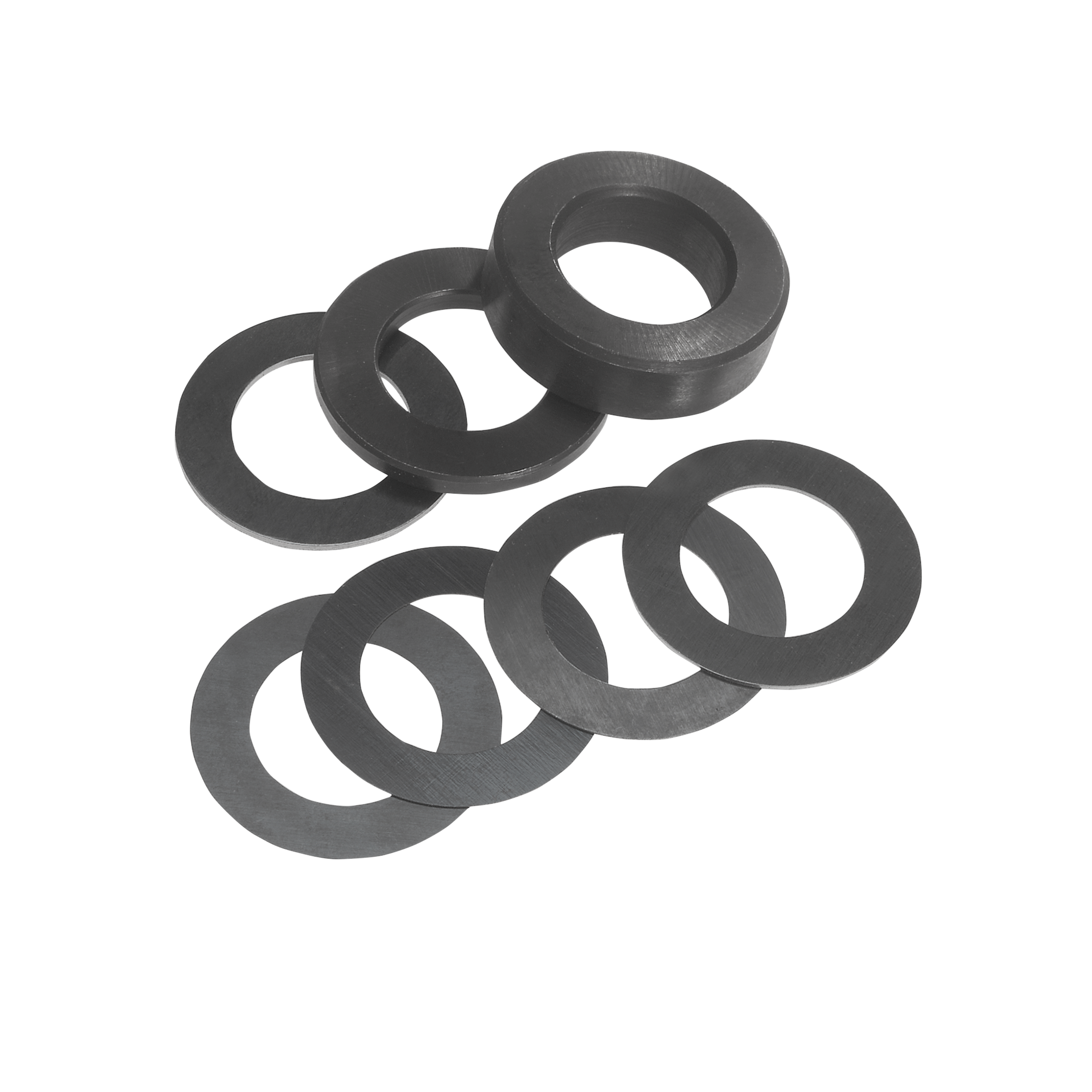 Six dark gray circular shim rings with hollow centers arranged in two rows.