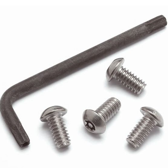 Tamper-proof screw kit with L-shaped wrench tool and four metal screws with rounded heads.
