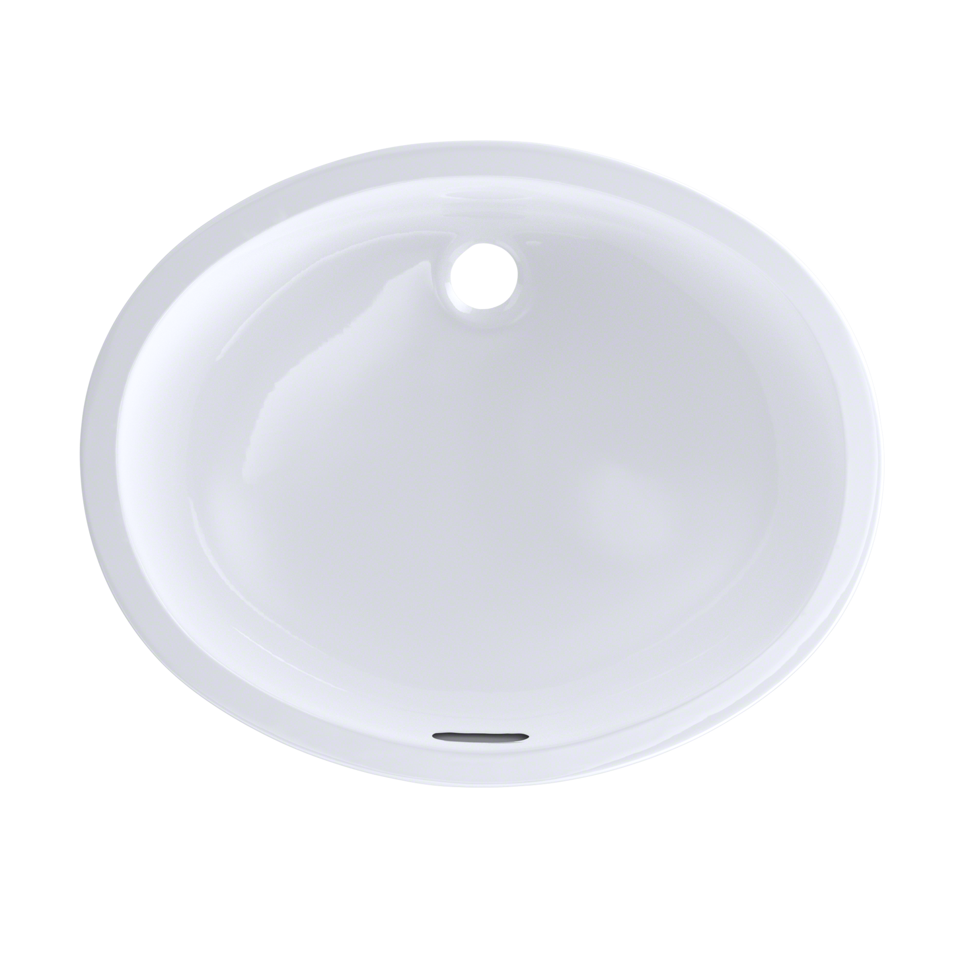 White oval undermount bathroom sink with single faucet hole, shown from above.
