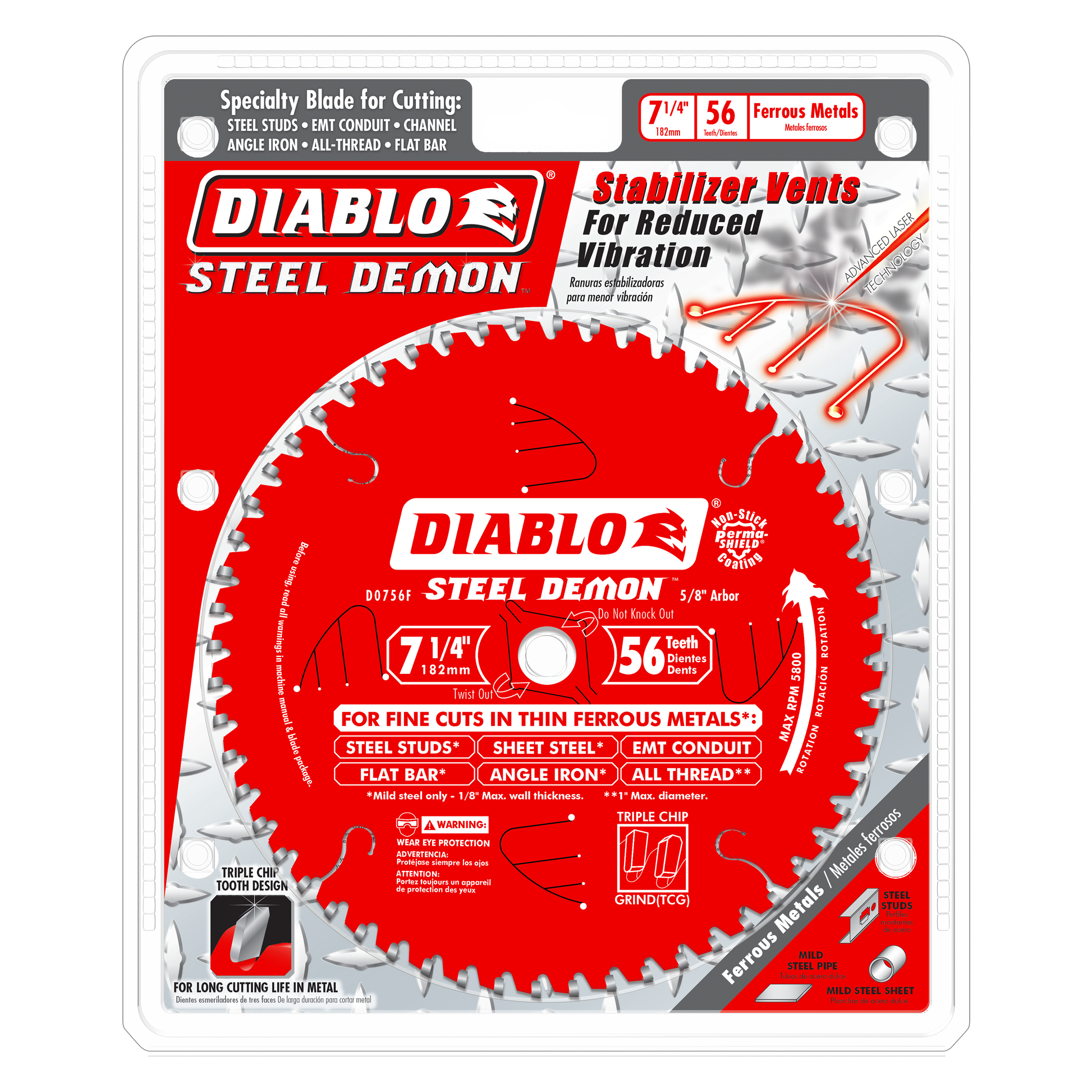 Diablo Steel Demon 7-1/4 inch 56-tooth carbide-tipped circular saw blade with red body and silver teeth on packaging.