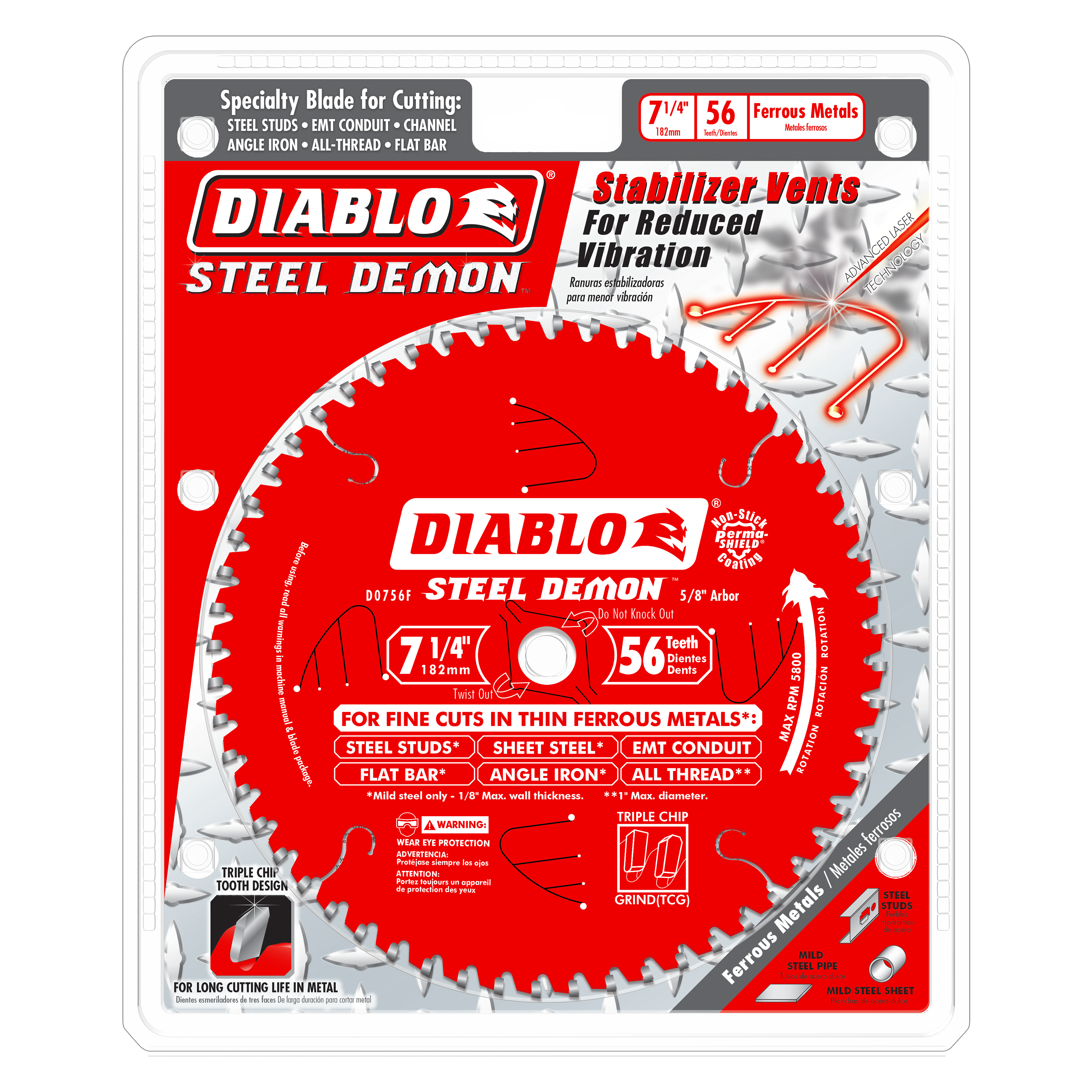 Diablo Steel Demon 7-1/4 inch 56-tooth carbide-tipped circular saw blade with red body and silver teeth on packaging.