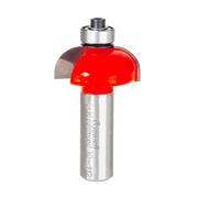 Silver router bit with red cove-shaped cutting head and black collet assembly.