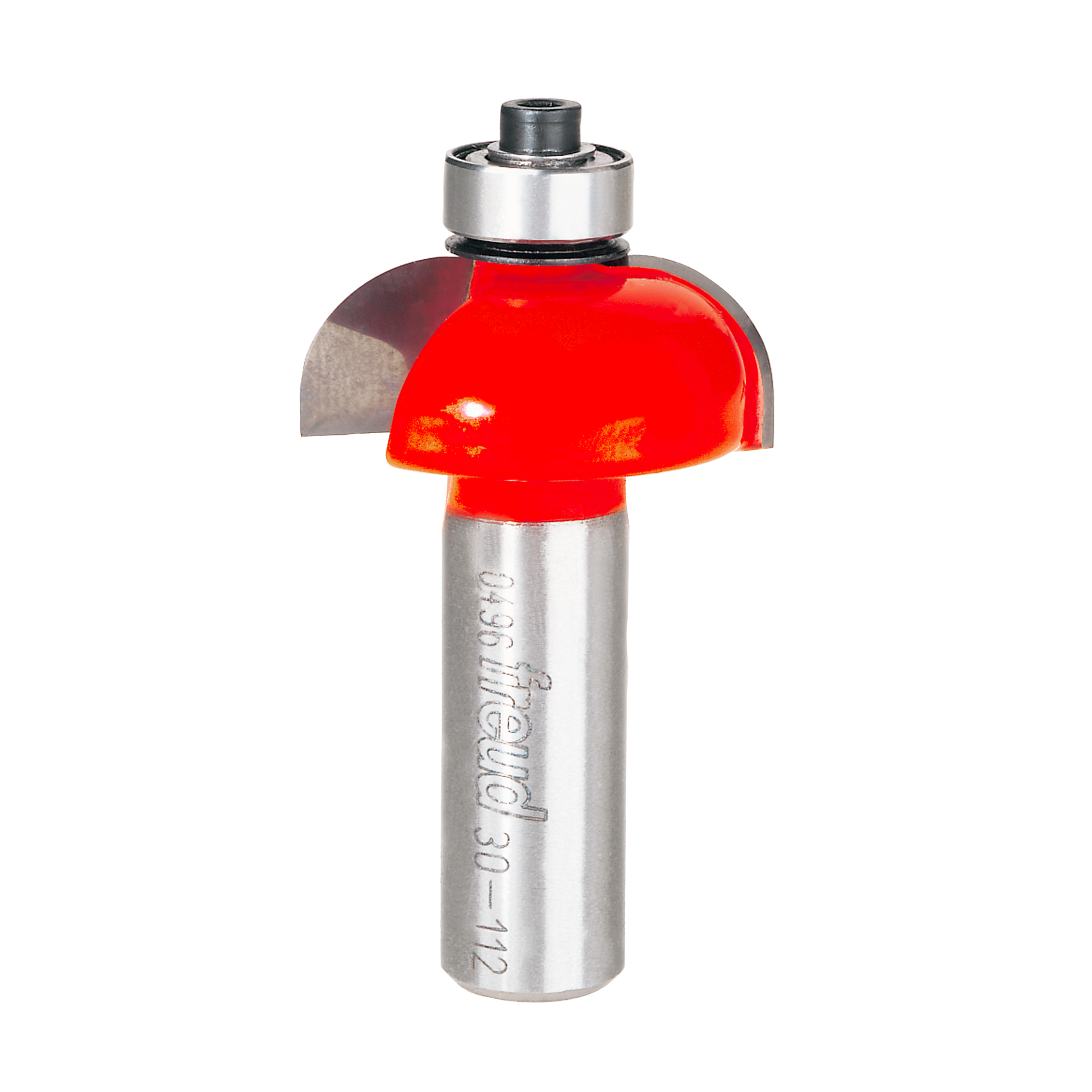 Silver router bit with red cove-shaped cutting head and black collet assembly.