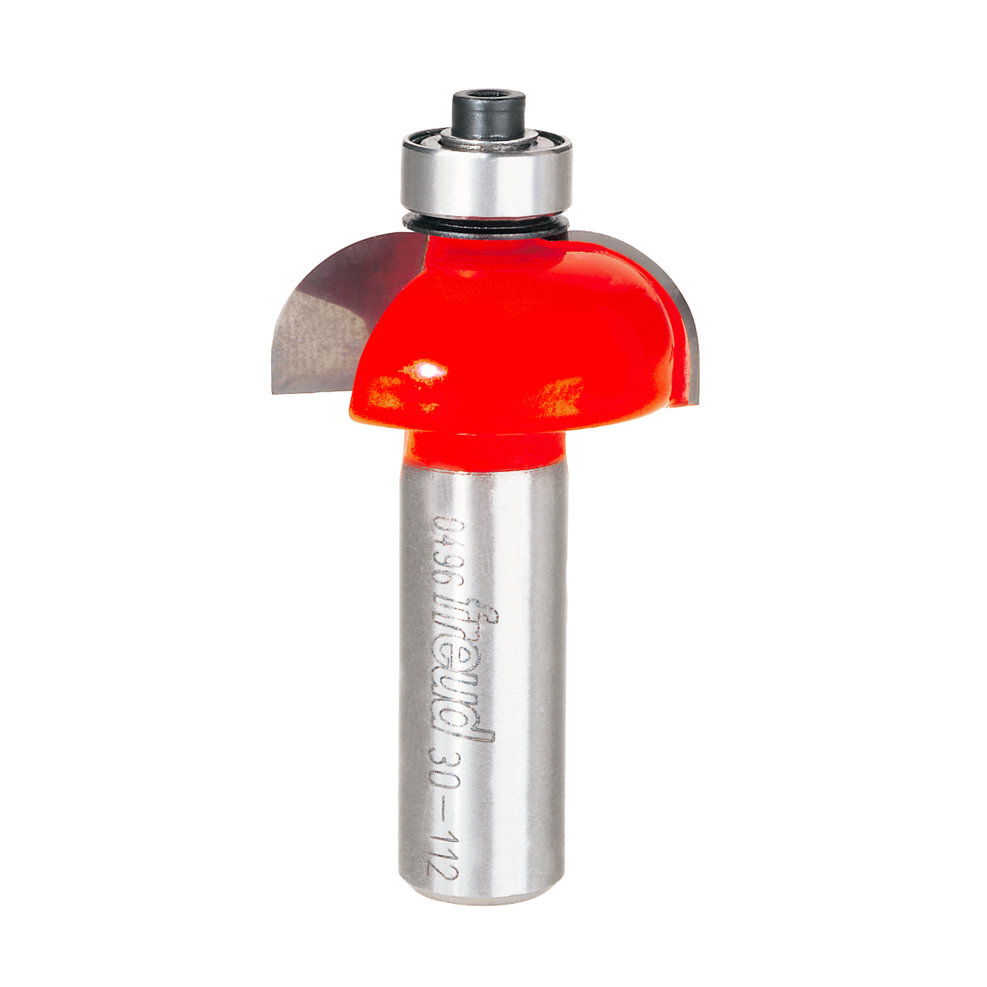 Silver router bit with red cove-shaped cutting head and black collet assembly.