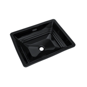 Black rectangular undermount bathroom sink with curved interior basin and single faucet hole.