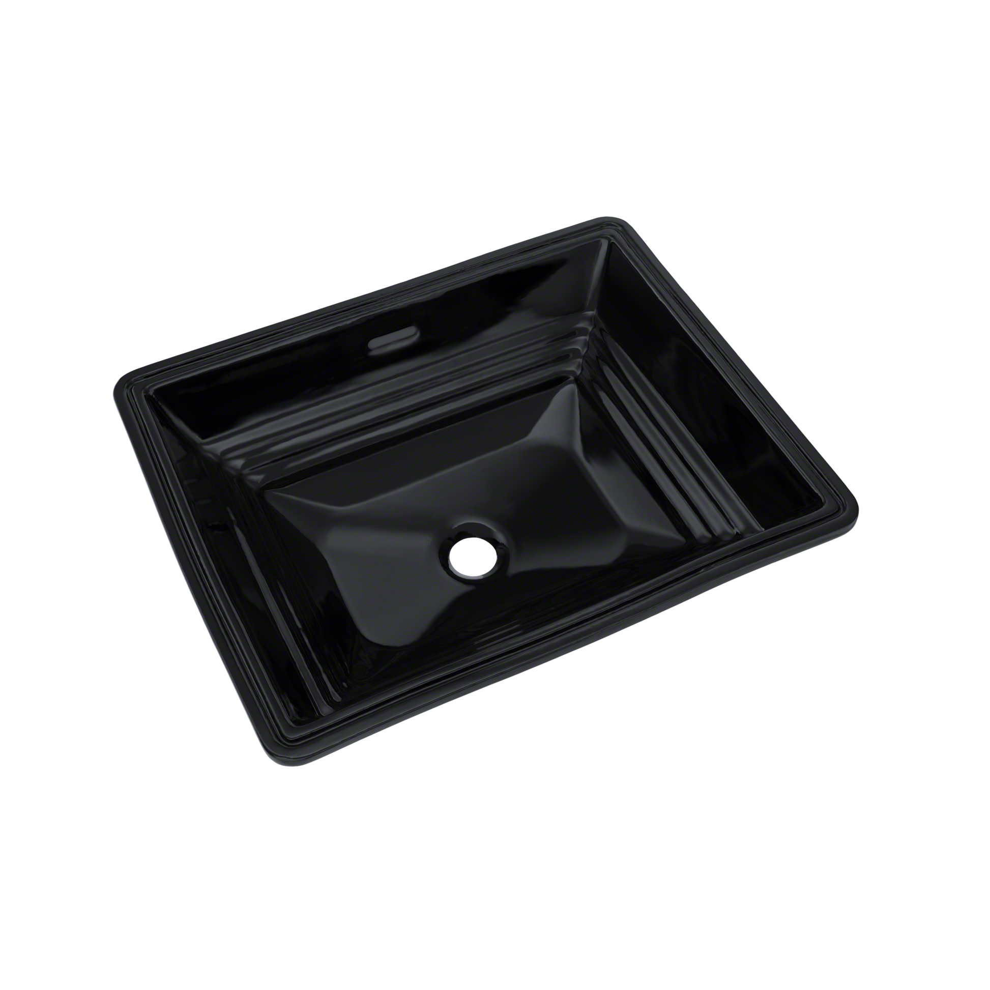 Black rectangular undermount bathroom sink with curved interior basin and single faucet hole.