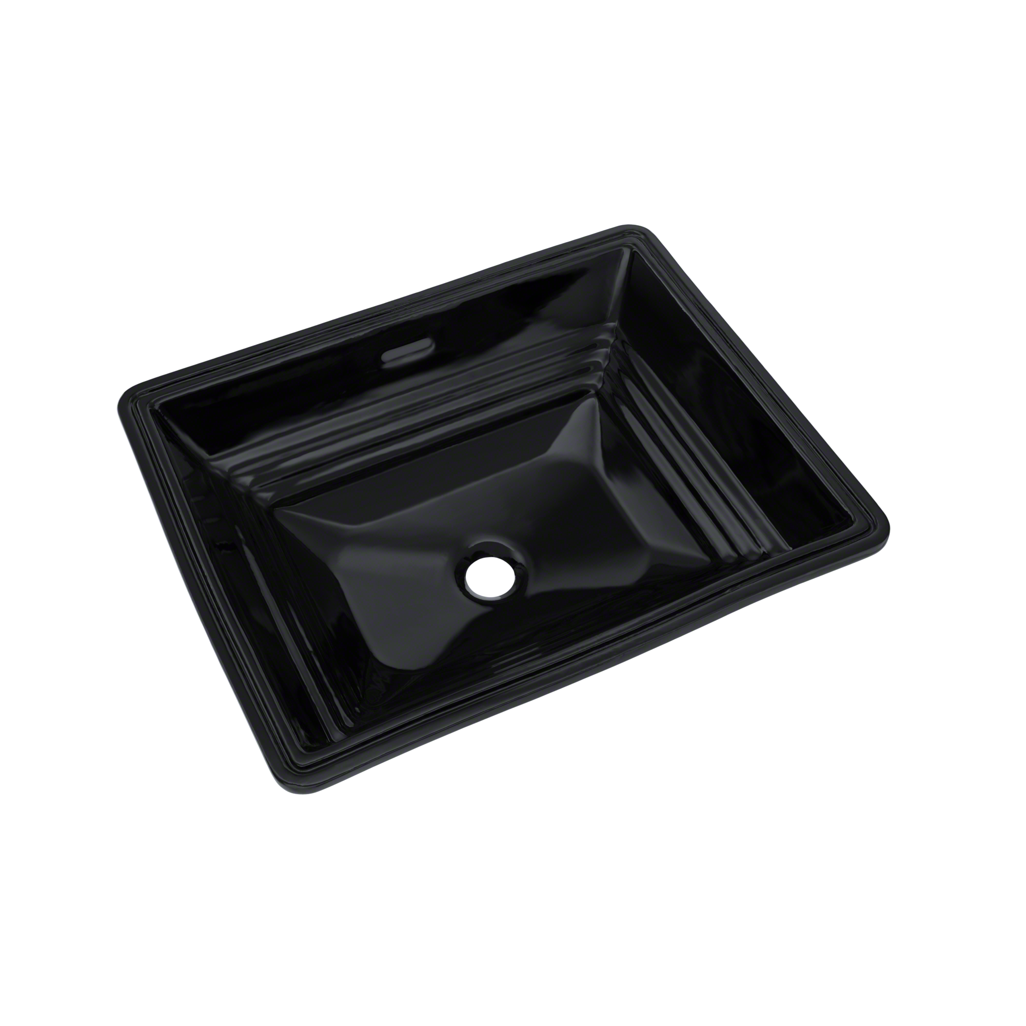 Black rectangular undermount bathroom sink with curved interior basin and single faucet hole.