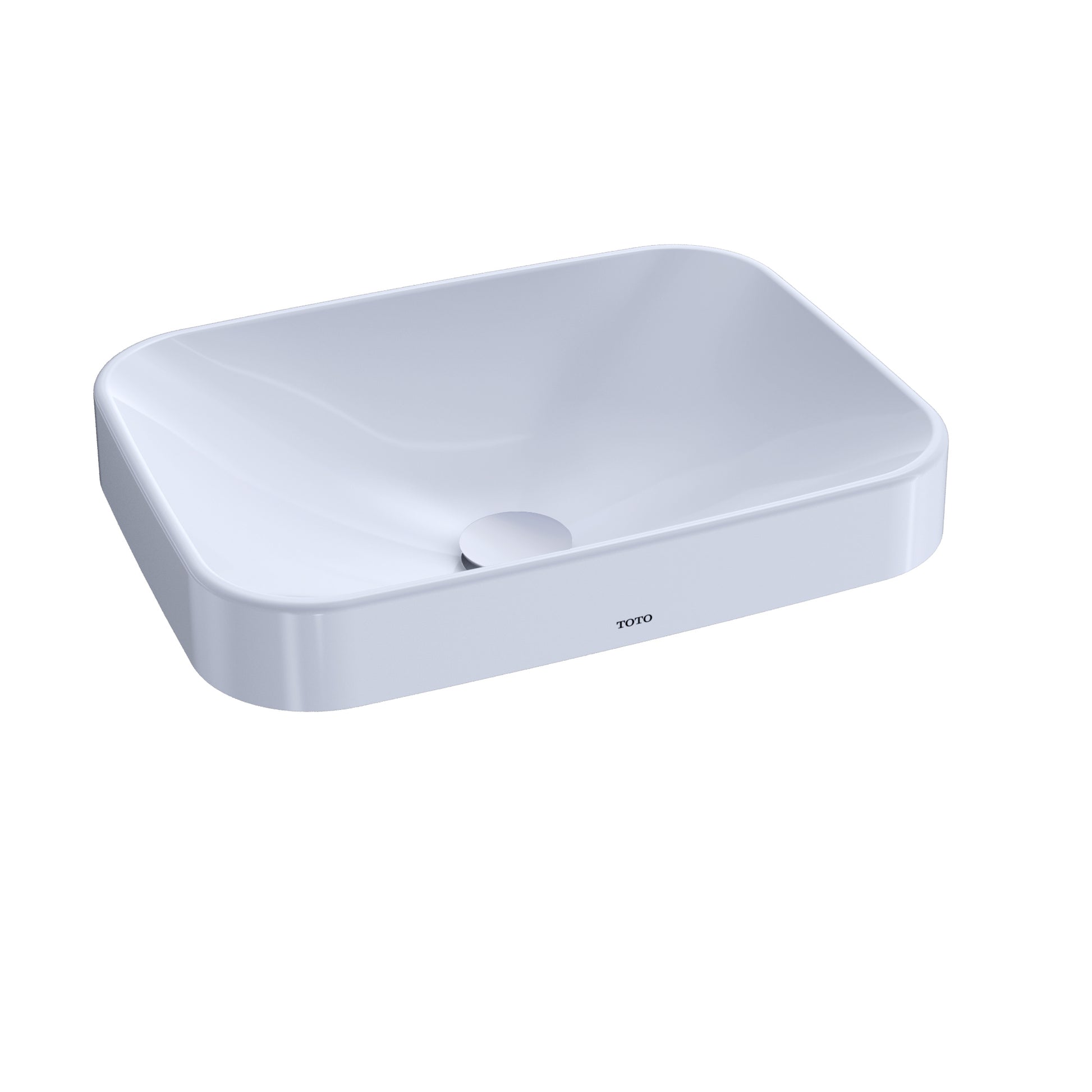 White rectangular vessel sink with rounded corners and a single drain hole, displayed from above at an angle.