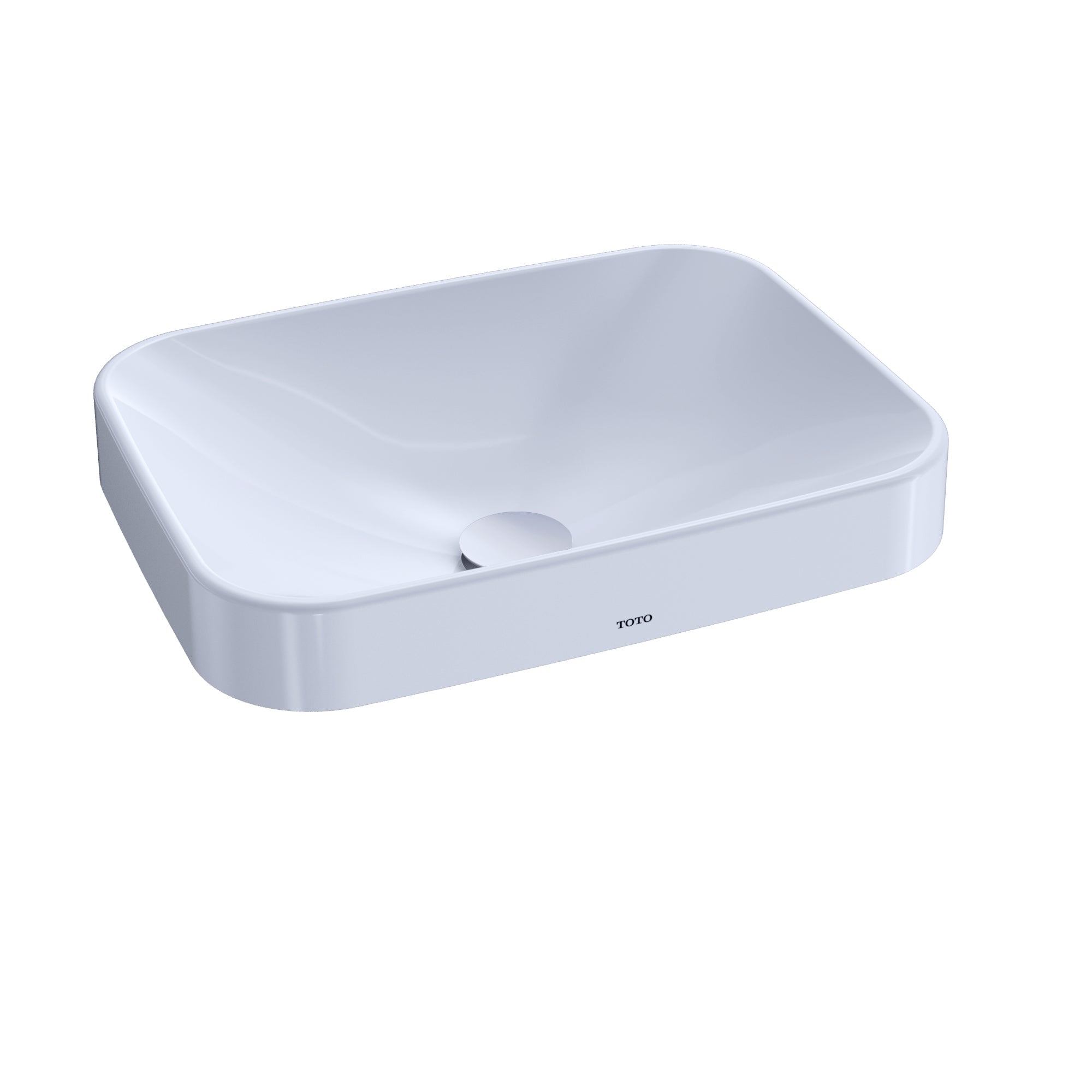 White rectangular vessel sink with rounded corners and a single drain hole, displayed from above at an angle.