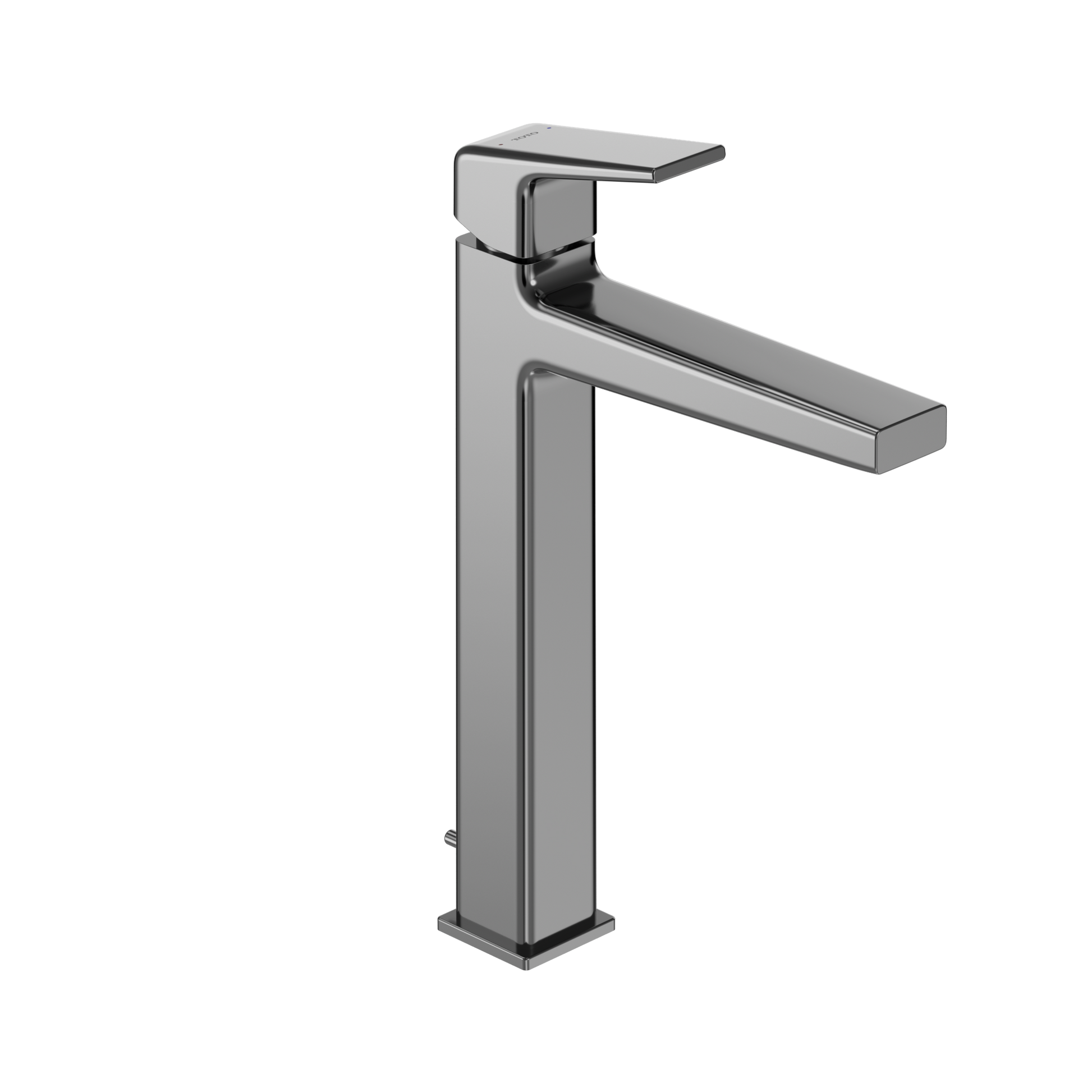 Polished chrome single-handle vessel bathroom sink faucet with tall spout and rectangular handle lever.