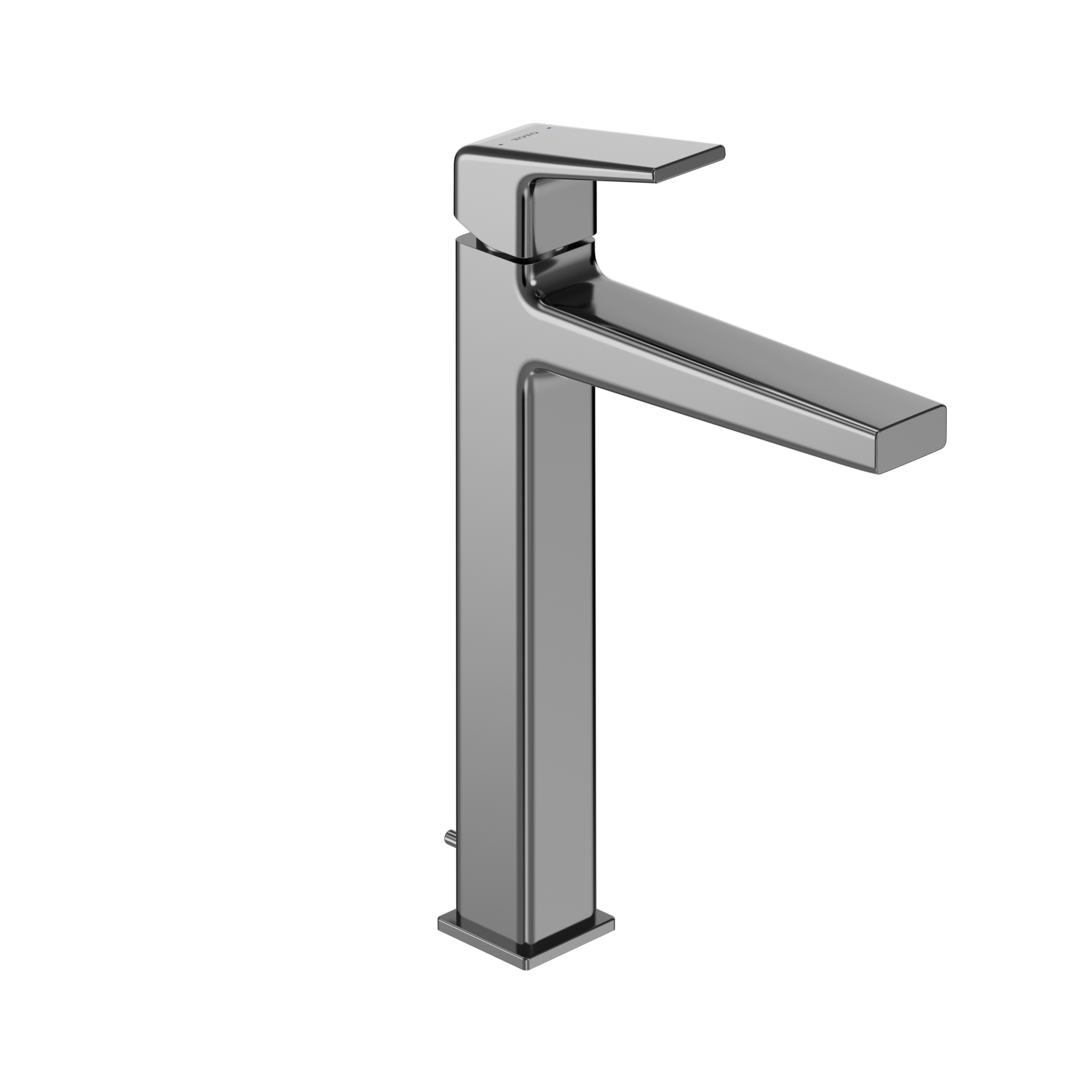 Polished chrome single-handle vessel bathroom sink faucet with tall spout and rectangular handle lever.