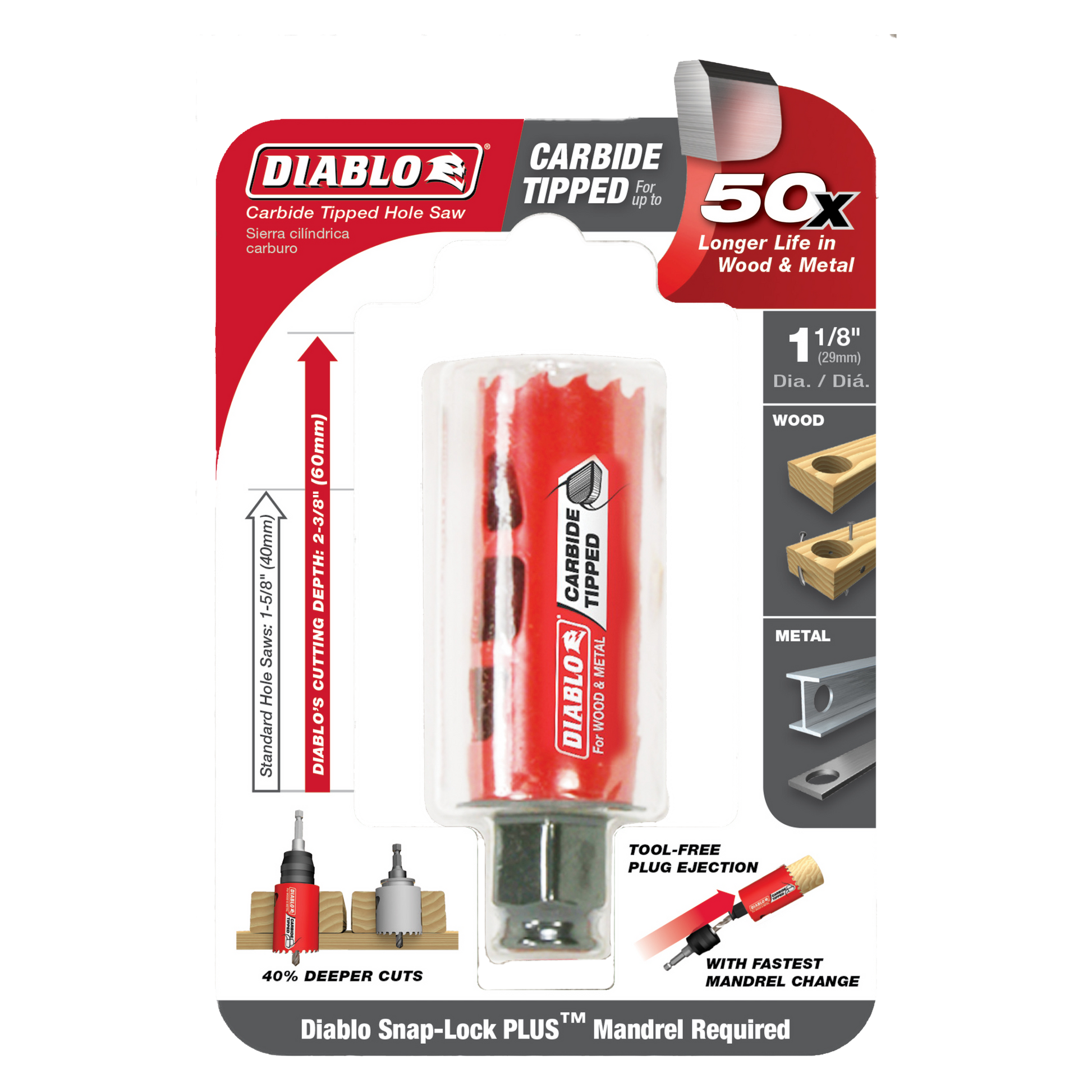Diablo 1-1/8 inch carbide-tipped holesaw with red plastic casing and metal cutting head in clear packaging.