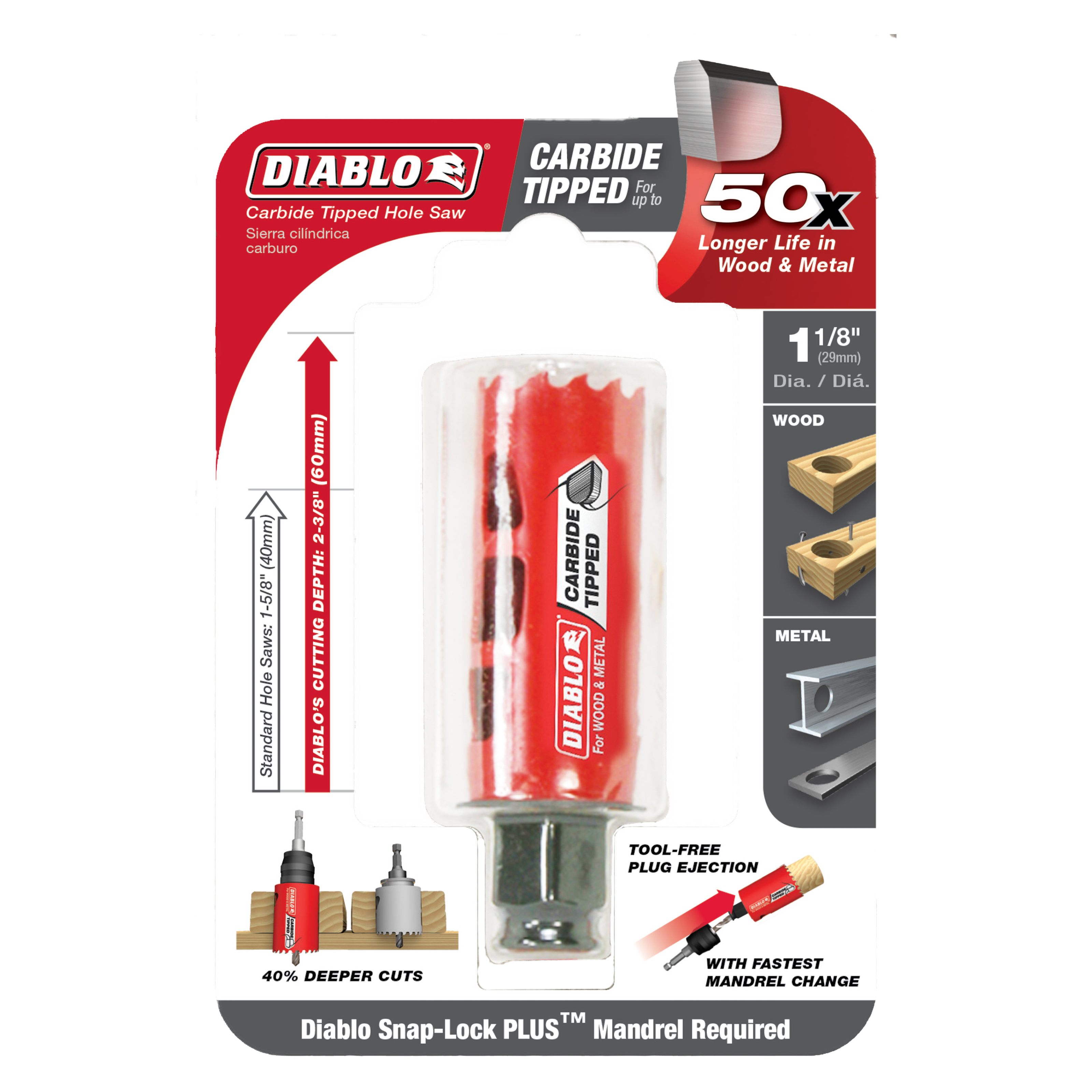 Diablo 1-1/8 inch carbide-tipped holesaw with red plastic casing and metal cutting head in clear packaging.