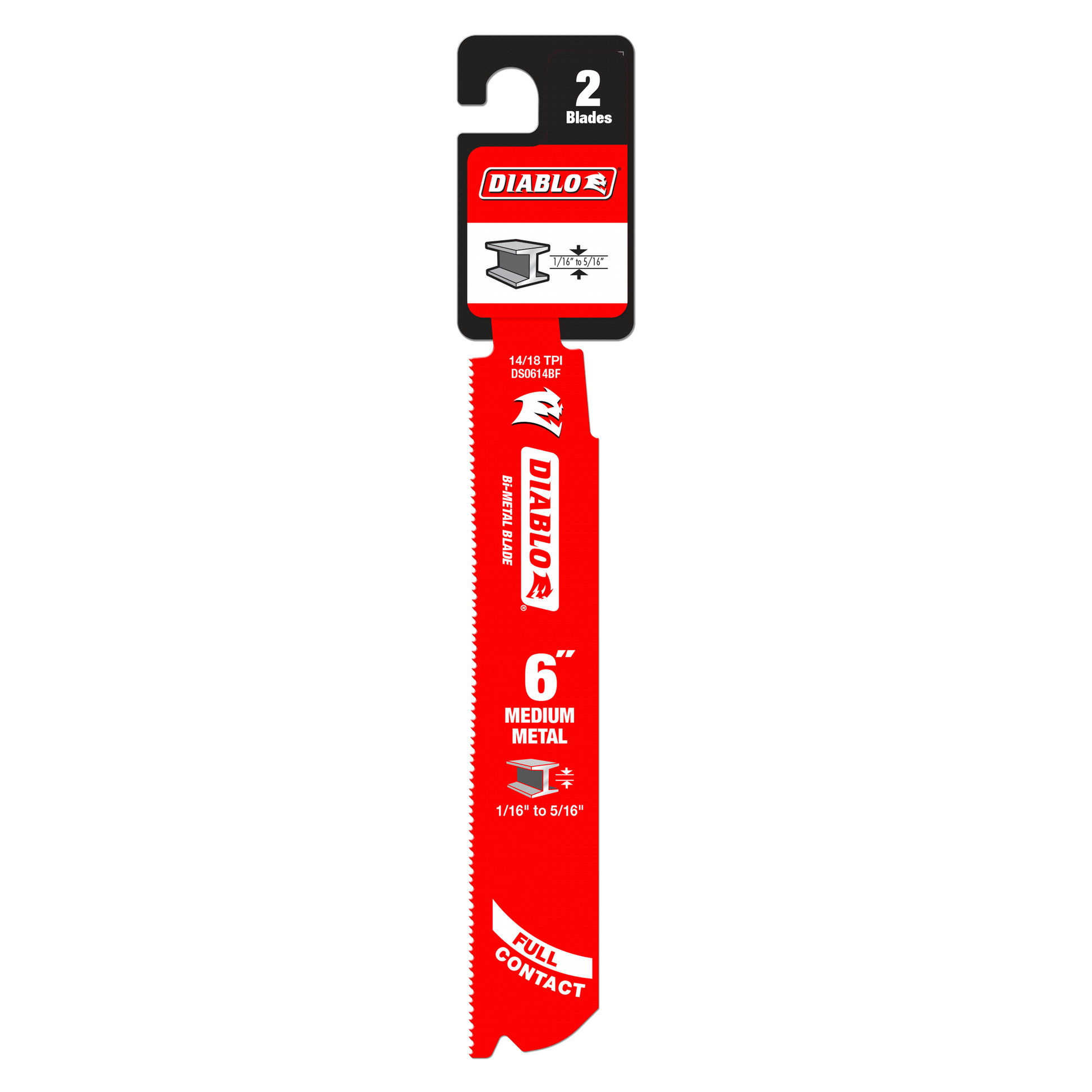 Two red Diablo bi-metal reciprocating saw blades with serrated cutting edge and mounting slot, labeled for medium metal cutti