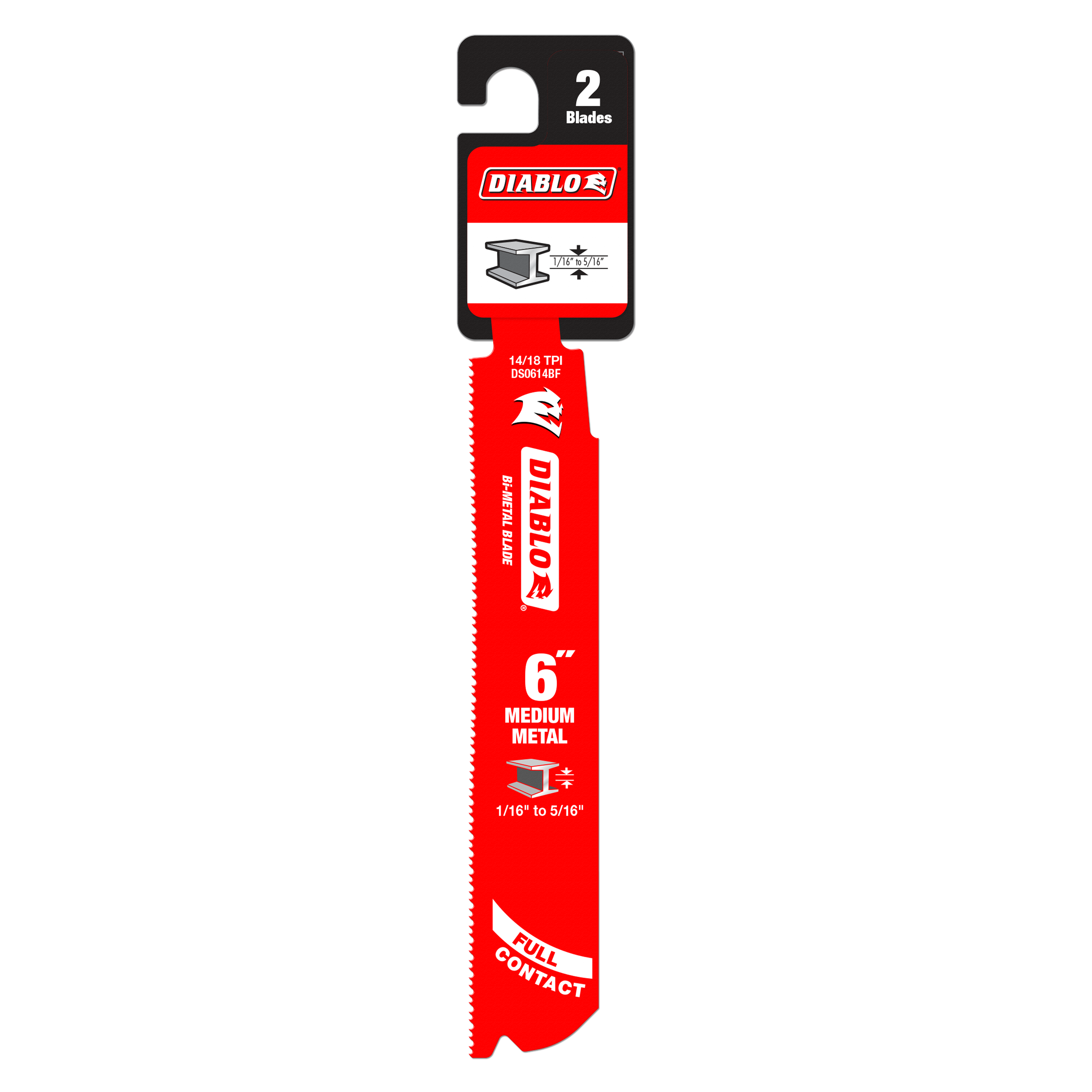 Two red Diablo bi-metal reciprocating saw blades with serrated cutting edge and mounting slot, labeled for medium metal cutti
