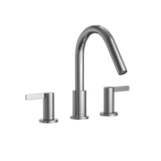 Polished chrome three-piece roman tub filler with curved central spout and two flat lever handles on either side.